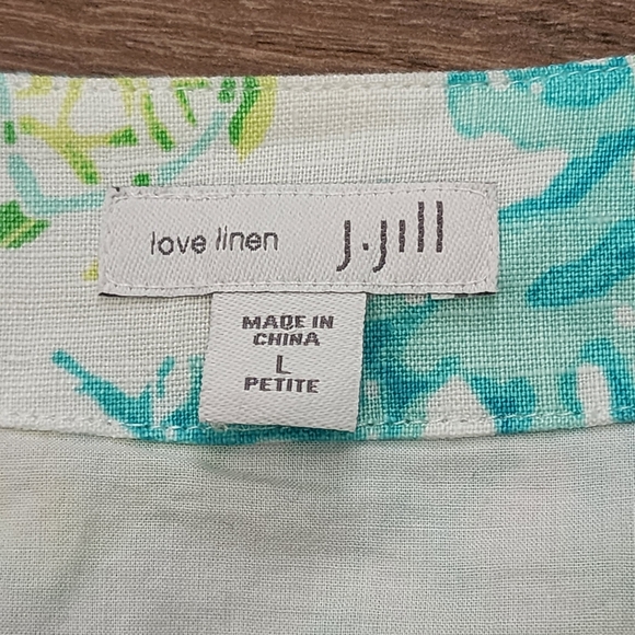 J Jill Love Linen Aqua Green Shift V Neck Dress L Petite Sea Turtle Coral Print - Picture 6 of 8